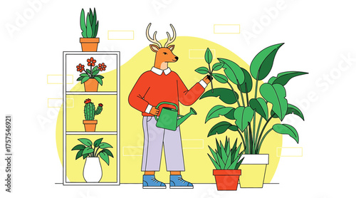 Vector art of anthropomorphic deer watering plants, showcasing a whimsical take on gardening and indoor plant care