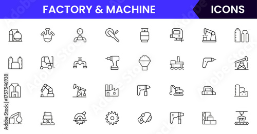 Factory & Machine vector web line icon collection, sleek illustrations of industrial tools, EV production, and automated manufacturing systems.