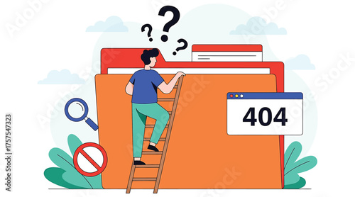 Vector art of a man is climbing a ladder to reach a folder with a 404 error message, he is trying to fix the problem and find the missing file