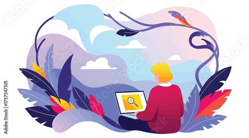 Vector art of a person is sitting with a laptop in a beautiful nature scene, searching for something with a magnifying glass on the screen