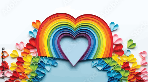 Vector art of a colorful heartshaped rainbow made of paper quilling, surrounded by small paper hearts, symbolizing love, pride, and diversity