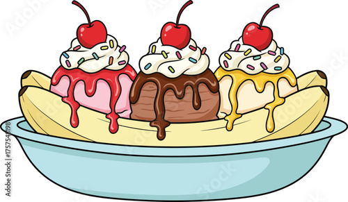 Banana split dessert with scoops of chocolate, vanilla, and strawberry ice cream.
