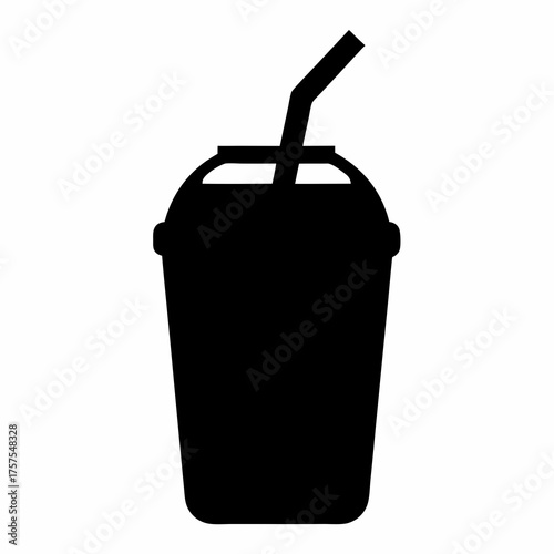 Black Silhouette of a Cup with Lid and Straw for Cold Drinks