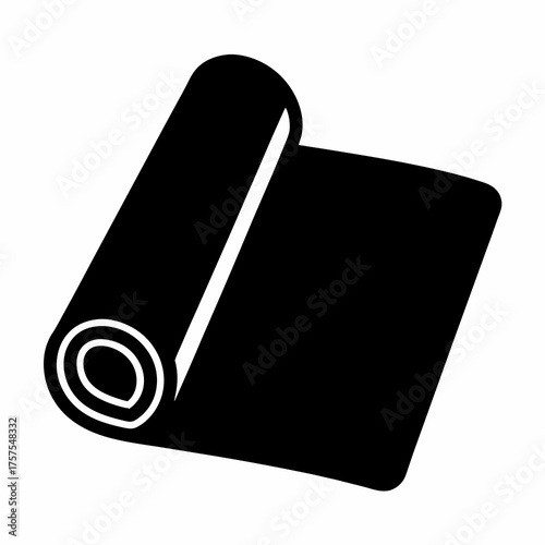 Black and white minimalist graphic design of a partially rolled mat