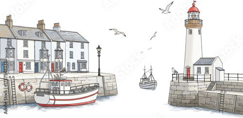 Idyllic Seaside Harbor Scene with Lighthouse and Fishing Boat Illustration