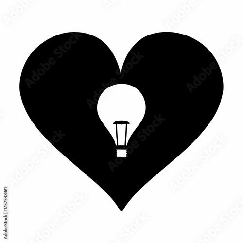 A bright idea inside a loving heart shines in black and white