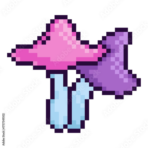 Halloween Pixel art mushroom in pastel pink and purple tones. Kawaii 8 bit retro fantasy fungi illustration perfect for games, stickers, prints, autumn projects, and magical themed designs.