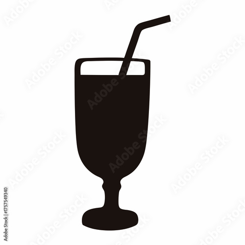 Black Silhouette of Refreshing Cocktail in Glass with Straw on White Background