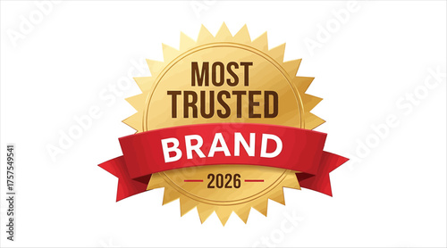 Vector art of most trusted brand badge with gold star and red ribbon vector illustration of a label for product or service with a modern design