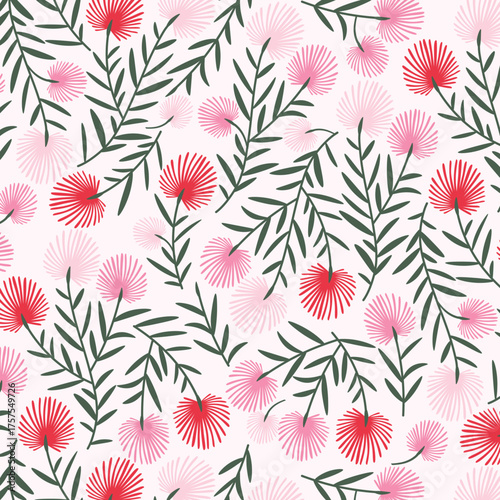 Abstract Botanical Flower Pattern with Green Leaves and Pink Blooms for Modern Textile and Wallpaper Design