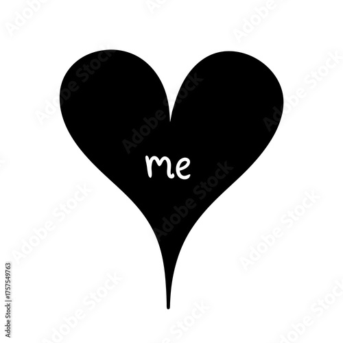 A minimalist depiction of self love with a black heart and 'me'