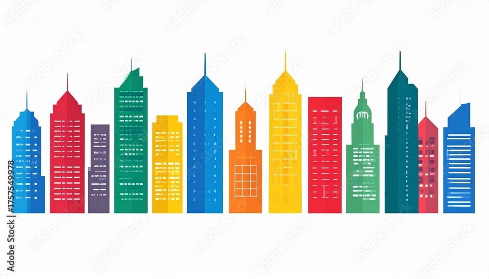 Obraz premium Flat Vector-Style Skyline Illustration – Color-Coded Economic Sectors
