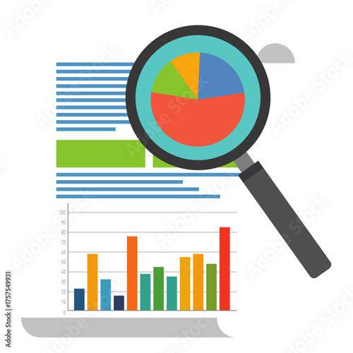Analyzing business performance, pie chart and bar graph under magnifying glass for insights, strategic planning, data analysis, and financial reporting