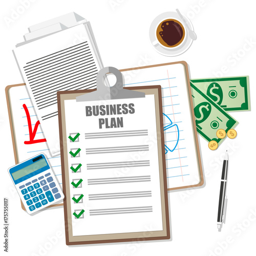 Streamlined business plan with checklist, calculator, and coffee represents smart financial planning and strategic growth for entrepreneurs