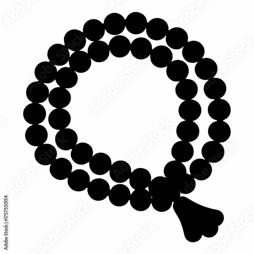 Isolated black vector illustration of prayer beads, mala, meditation beads with tassel