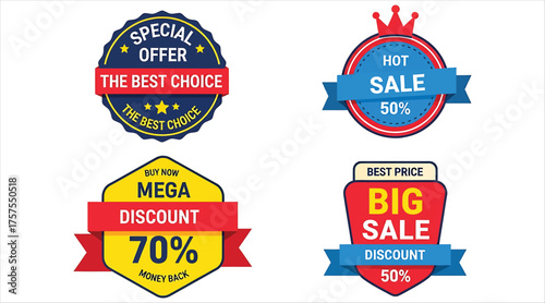 Vector art of collection of four colorful sale badges, these badges promote special offers, discounts, and hot deals to attract customer attention