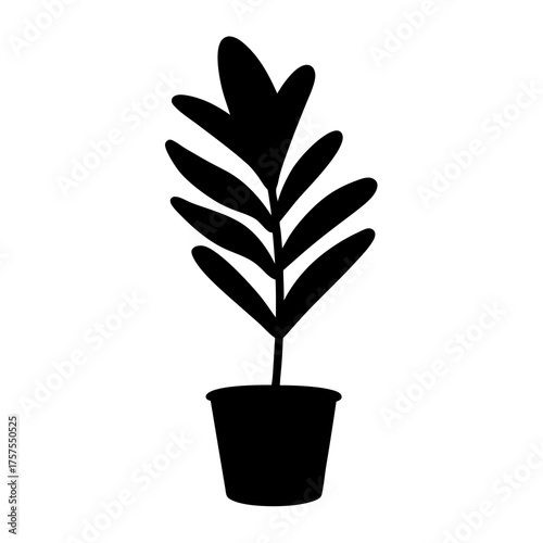 Monochrome silhouette of a potted houseplant with elongated leaves and minimal detail