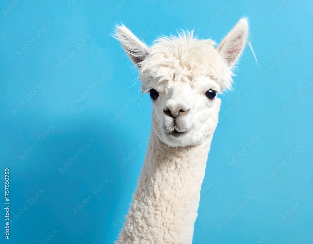 Fototapeta premium Close-up of a white alpaca against a blue background, showcasing its fluffy fleece and gentle expression.