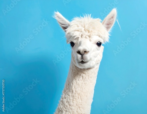 Close-up of a white alpaca against a blue background, showcasing its fluffy fleece and gentle expression.