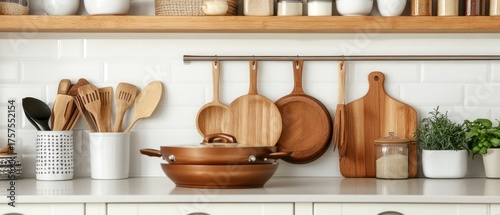 Wooden kitchen utensils and cookware on shelves and counter