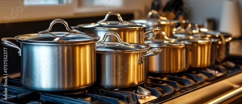 Gleaming stainless steel pots and pans on gas stovetop
