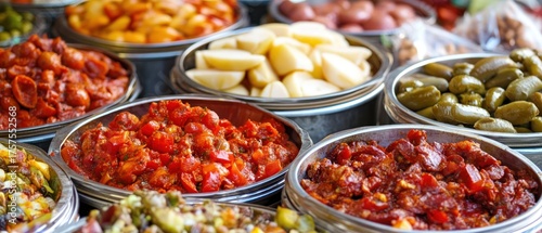 Colorful food items in metal bowls vibrant culinary market scene