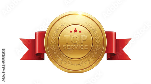 golden top service badge with red ribbon a symbol of quality, excellence, and customer satisfaction, perfect for businesses and service providers