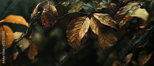 Autumn leaves branch nature photography close up fall foliage warm tones dark background