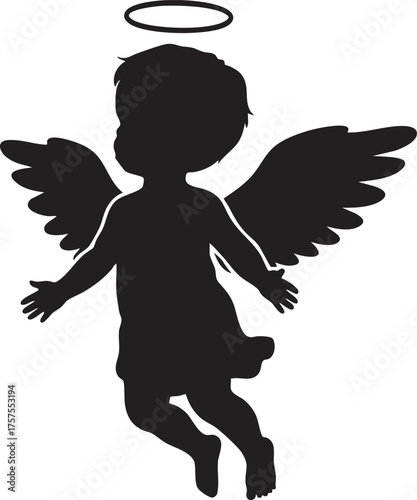 Flying Baby Angel Cherub Silhouette Vector Celestial Love and Innocence Icon