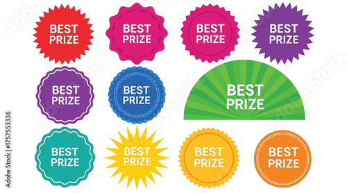 Vector art of collection of colorful best prize badge designs, perfect for marketing campaigns, promotions, and special offers to attract customers