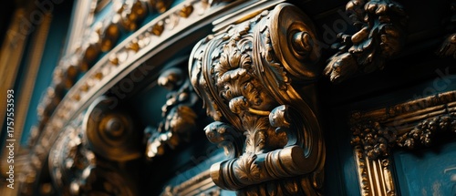 Intricate gilded carvings dark blue background ornate details luxury texture architectural design close up