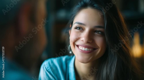 Wallpaper Mural Smiling young woman with long dark hair engaging in conversation indoors, under gentle ambient light, highlighting warm expression and cozy setting, serene indoor scene, calm conve Torontodigital.ca