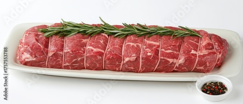 Raw beef roast with rosemary culinary photography image