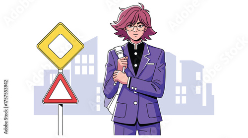 Vector art of anime character in purple suit standing near road signs young man with short hair and glasses in front of city buildings, cartoon style
