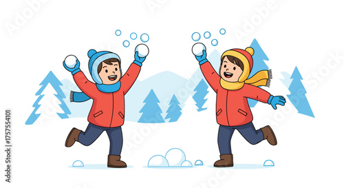 Two children enjoying a joyful winter snowball fight in a snowy landscape with evergreen trees.
