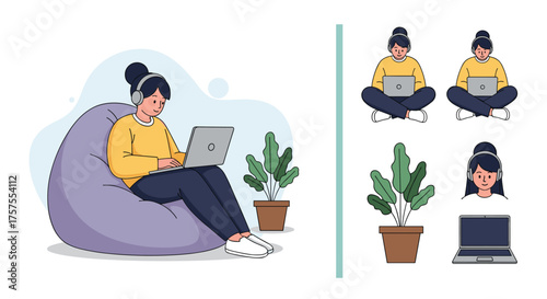 A young woman is working on her laptop while sitting in a beanbag chair with headphones on.