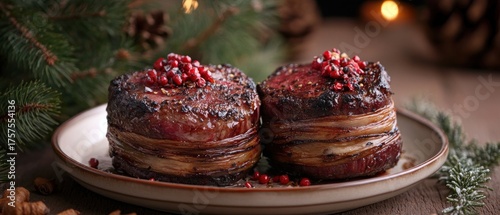 Grilled bacon wrapped beef medallion red peppercorn garnish festive food photography