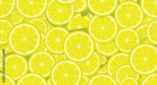 A bright and vibrant background of many overlapping yellow lemon slices creating a refreshing citrus pattern.