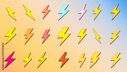 Collection of stylized lightning bolt icons, various shapes and angles, suitable for digital design,  black background,  orange background