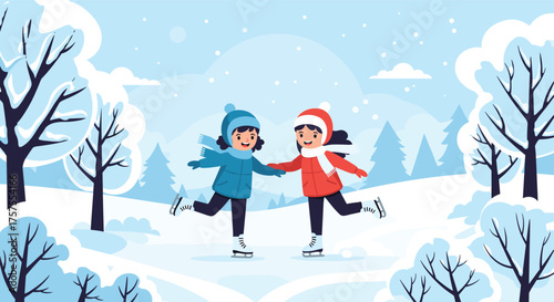 Two happy children ice skating together on a frosty winter day in a snowy forest.