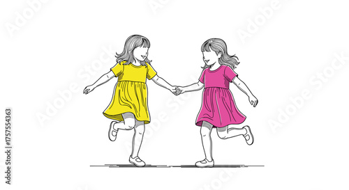 Two young girls holding hands and running together happily in their dresses.