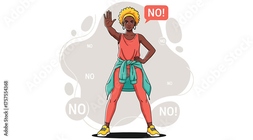Vector art of a young woman with an afro hairstyle stands with her legs apart and her hand up, saying no she is wearing a red jumpsuit and a green jacket