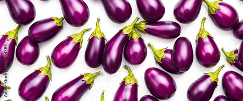 Endless repeating pattern of purple eggplants on white background,  still life,  texture