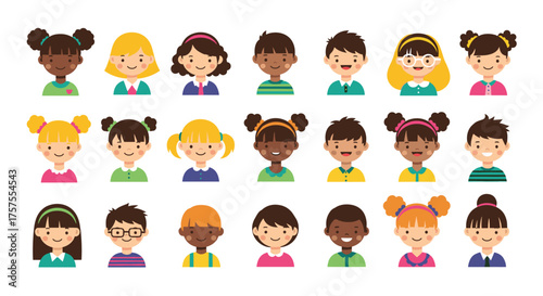 A diverse collection of cheerful young children's digital avatars