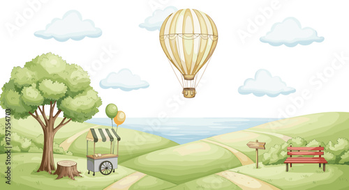 Whimsical Hot Air Balloon Landscape with Charming Park Elements and Rolling Hills Illustration. Serene Outdoor Scene Featuring a Vendor Cart and Bench Amidst Nature's Beauty