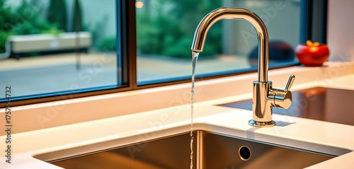 Sleek modern kitchen sink and chrome faucet with dripping water, vessel, sink