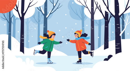 Two children joyfully ice skating together during a peaceful winter snowfall in a serene forest setting.