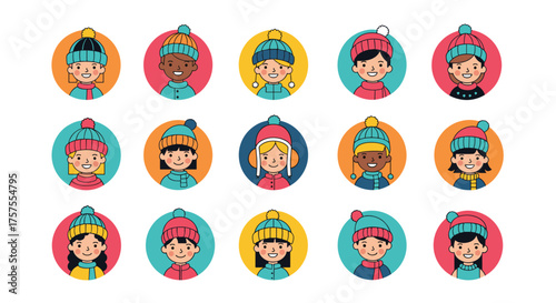 A diverse collection of cartoon children wearing colorful winter hats. Some children are smiling warmly.