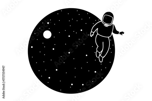 Astronaut floating in space near a planet filled with stars in black and white
