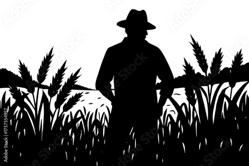 Silhouette of farmer standing in wheat field overseeing his thriving crop